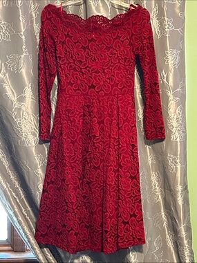 Miusol Red Floral Lace Long-Sleeve A-Line Dress